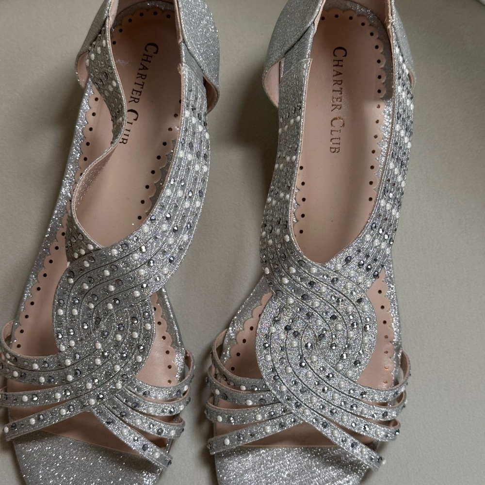 Charter Club Ginifur Wedge Sandal Womens SZ 8 Wide Silver Glitter Pearl NWB